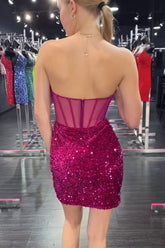 Misshow Sparkly Fuchsia Corset Tight Strapless Short Homecoming Dress/Mini Dress